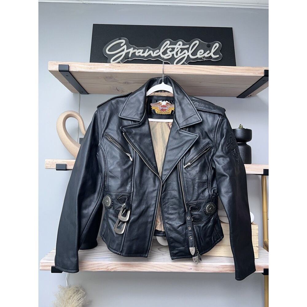 Women's Harley Davidson Leather Motorcycle Jacket Sierra Rose Black Size S